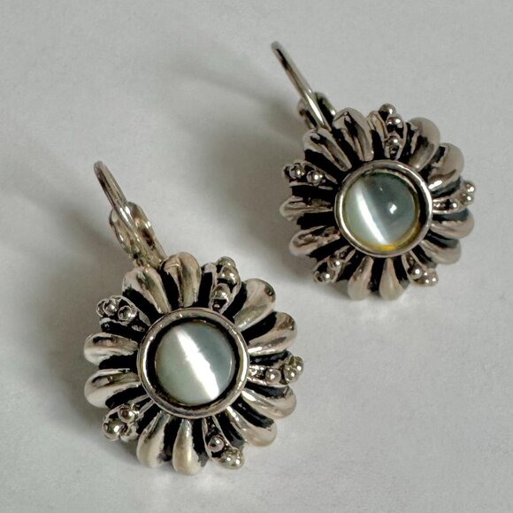 Vintage Silver Grey Glow Style Cabochon Dangle Leverback Earrings - Picture 2 of 10